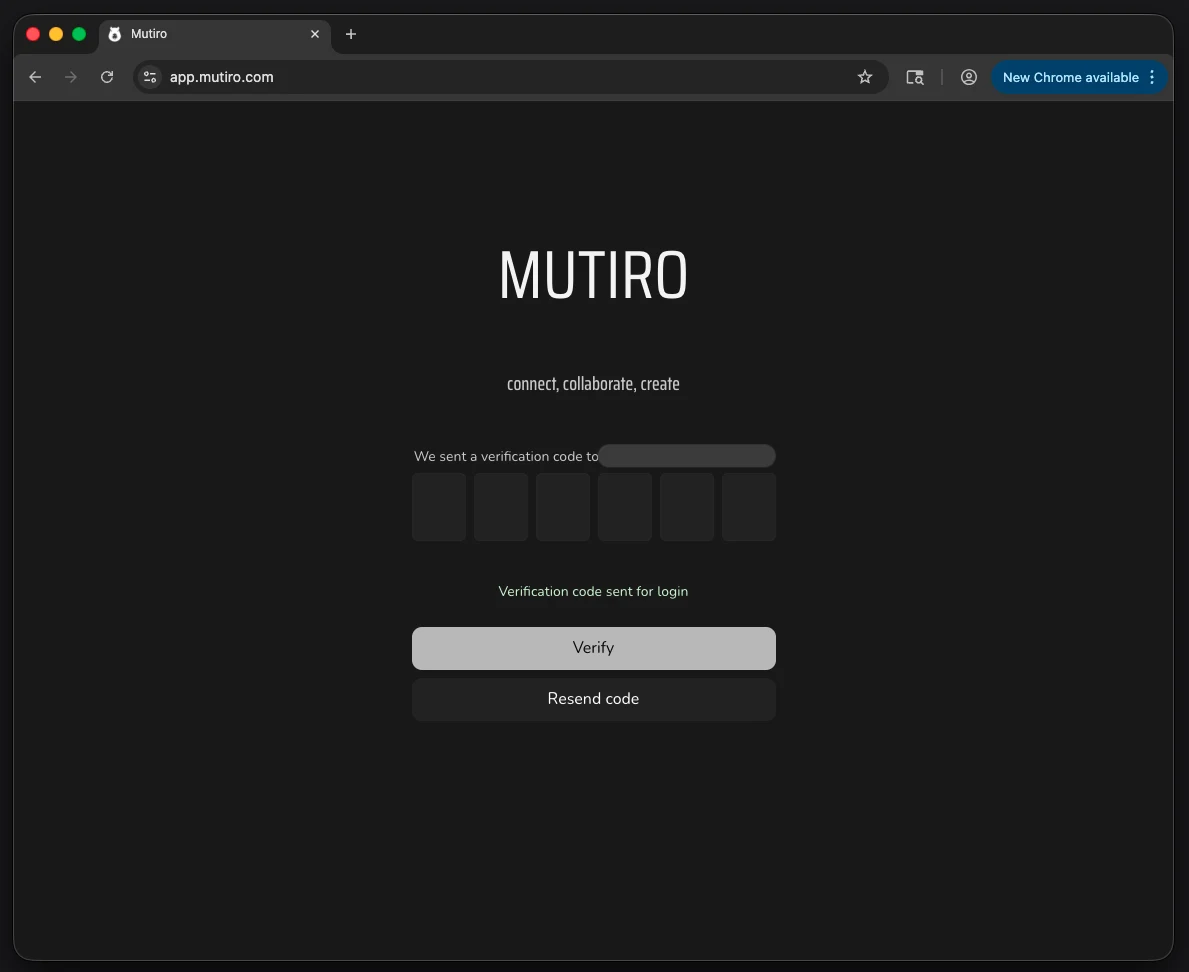 The Mutiro web app verification-code screen with six code boxes and a Verify button